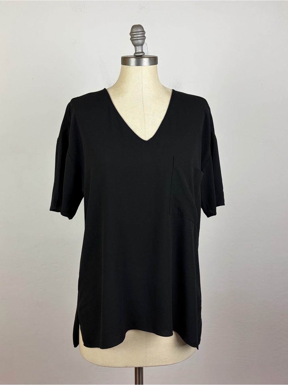 Eileen Fisher V Neck Silk Blouse in Black